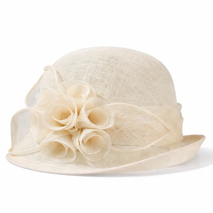 Elegant ivory cloche sinamay hat with rose flower detail, perfect for weddings, tea parties, and formal events.