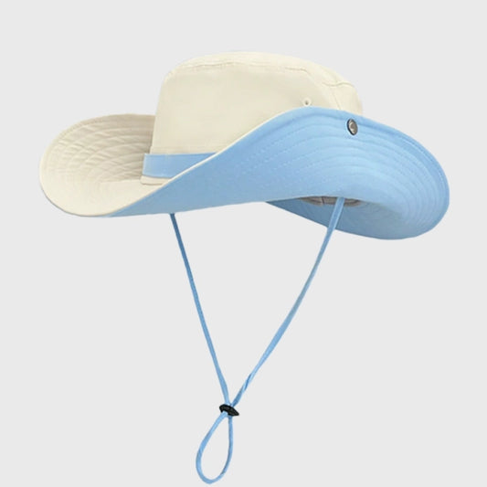 Blue UV protection sun hat with quick-dry fabric, designed for outdoor camping and activities. Adjustable chin strap.