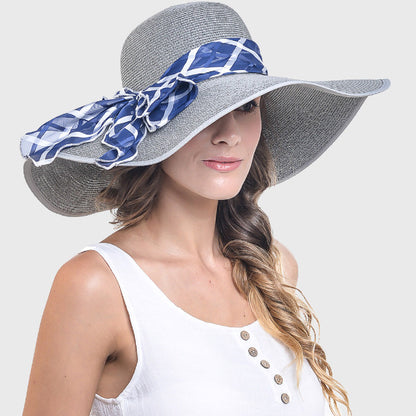 Women Wide Brim Straw Beach Hat with Scarf W230