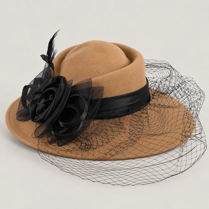 Camel Z029B wide brim hat with black ribbon flower and mesh veil in angled product view.
