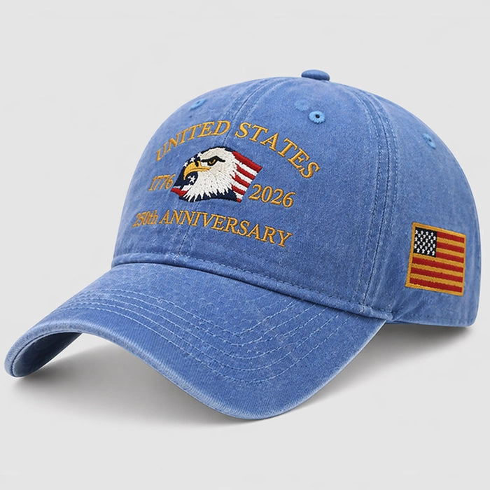 Blue adjustable baseball cap with embroidered USA flag and eagle print. Celebrating the 250th anniversary with bold patriotic style for men and women.