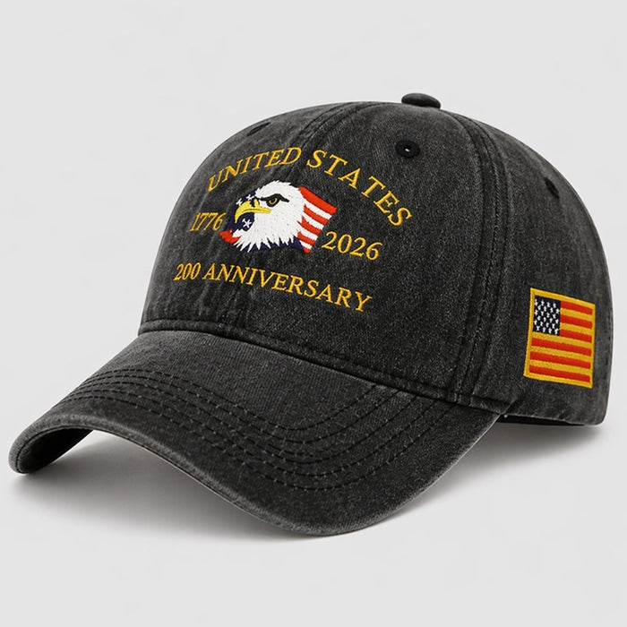 Grey adjustable baseball cap with '250th Anniversary' embroidery and eagle print. A unisex cap for casual wear, offering patriotic style and comfort.