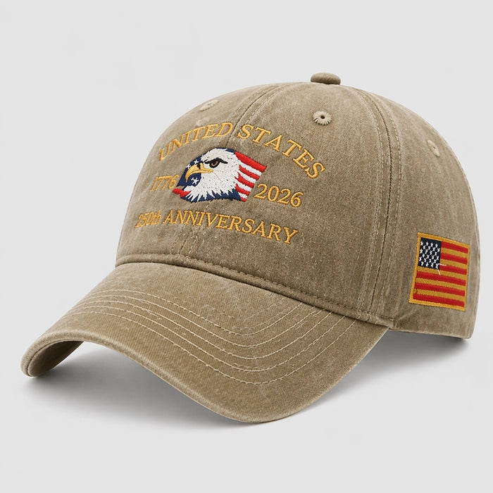 Khaki adjustable baseball cap featuring USA 250th Anniversary embroidery and an eagle print. Stylish and comfortable, ideal for unisex wear.