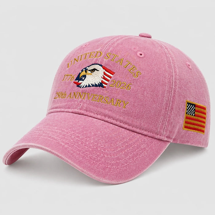 Pink adjustable baseball cap with embroidered USA eagle and '250th Anniversary' text. A vibrant patriotic cap perfect for men and women.