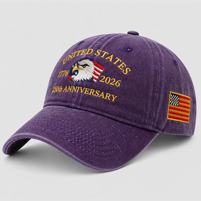 Purple adjustable baseball cap with embroidered eagle and USA flag for the 250th Anniversary. Patriotic and stylish, a great unisex accessory.