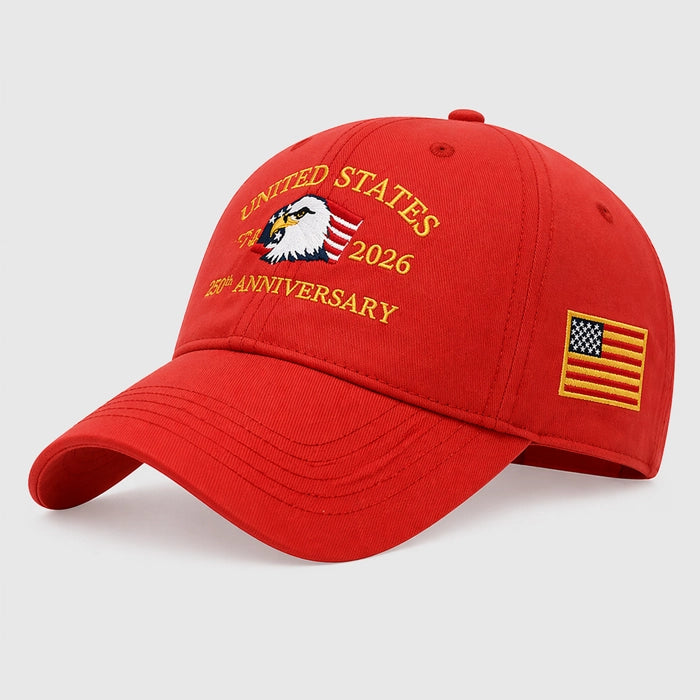 Red adjustable baseball cap with embroidered USA flag, eagle, and '250th Anniversary' text. A perfect unisex hat to celebrate patriotism.