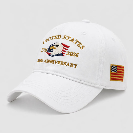 White adjustable baseball cap with '250th Anniversary' USA embroidery and eagle print. Comfortable and stylish, ideal for both men and women.