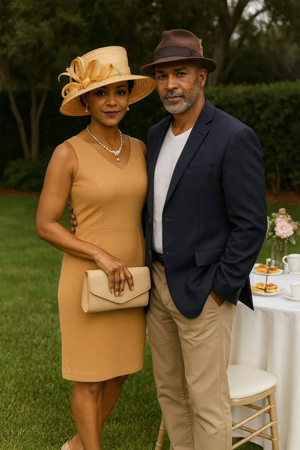 Stylish woman wearing apricot FORBUSITE church hat with ribbon bow, paired with a nude-tone sheath dress and clutch, standing next to man in navy blazer at garden tea party.