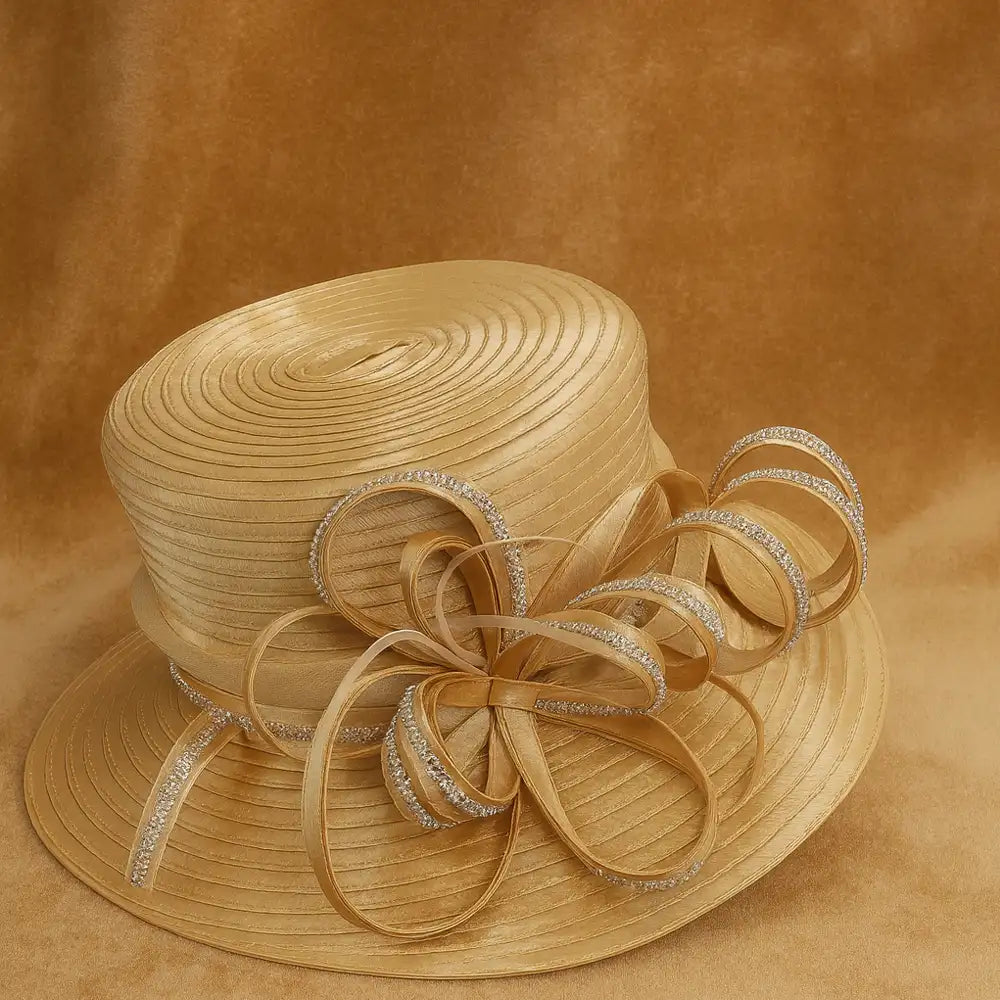 Elegant apricot champagne gold church hat with decorative bow and crystal loops – FORBUSITE