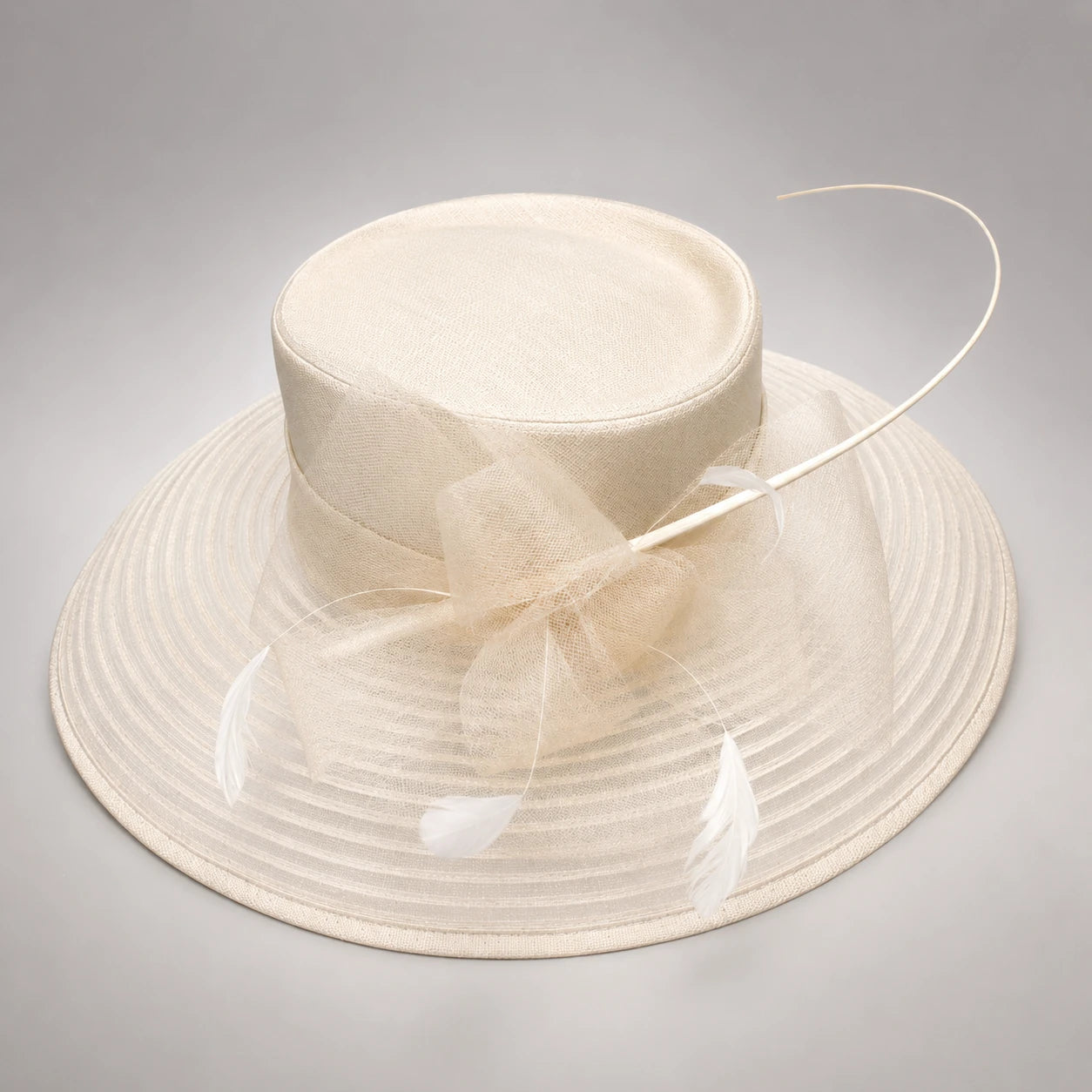 apricot church hat with slub fabric crown and sheer mesh brim for wedding church ceremony
