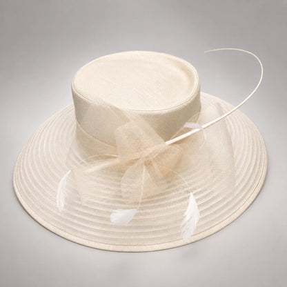 apricot church hat with slub fabric crown and sheer mesh brim for wedding church ceremony