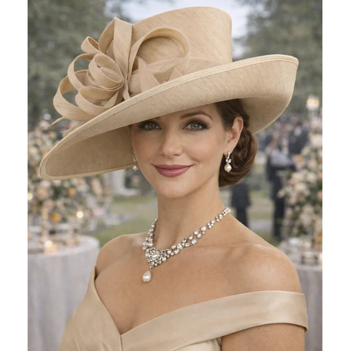 Apricot formal church hat for women with beautiful veil and ribbon design, ideal for tea parties and weddings