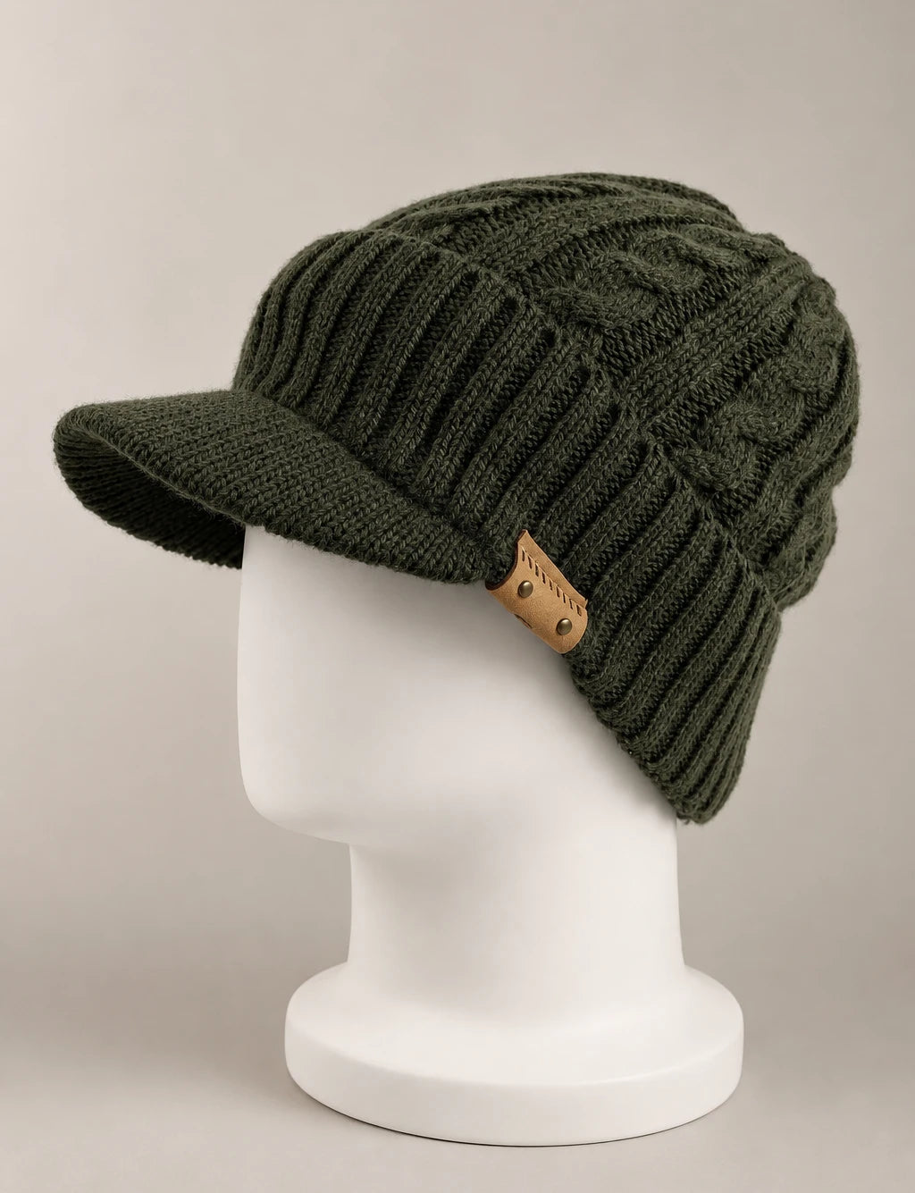 Army green cable knit visor beanie B5042 displayed on a white mannequin.
