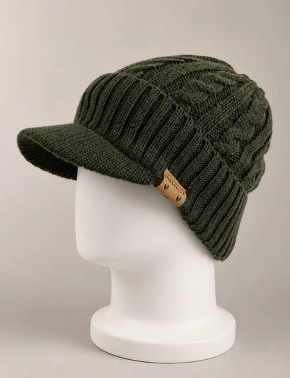 Army green cable knit visor beanie B5042 displayed on a white mannequin.