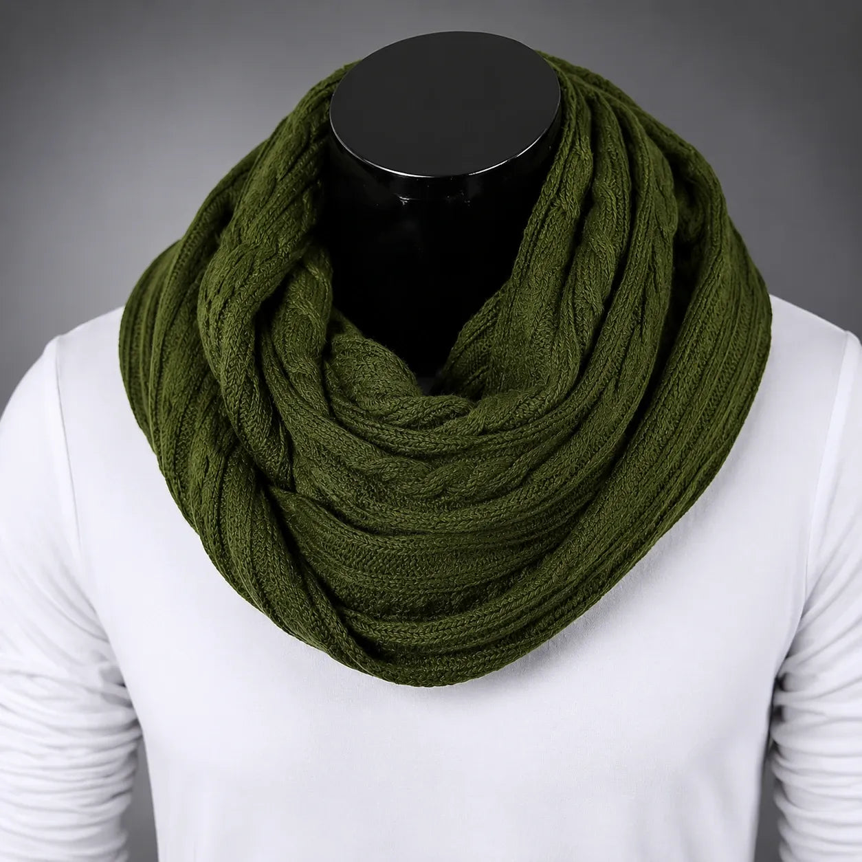 Army green knit infinity scarf for men and women, warm soft winter loop scarf, unisex cozy fashion scarf for outdoor and cold weather styling