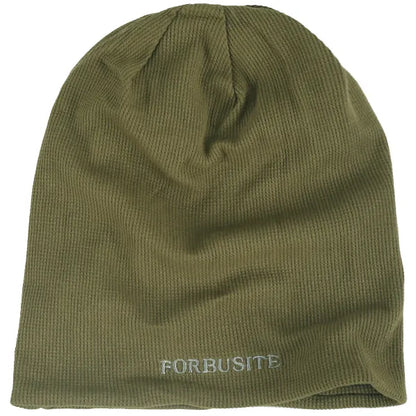 Long cotton beanie hat in army green, unisex oversized slouch design for summer and winter