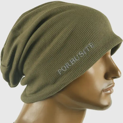 Army green slouchy beanie hat with embroidered logo, soft cotton oversized fit for men and women