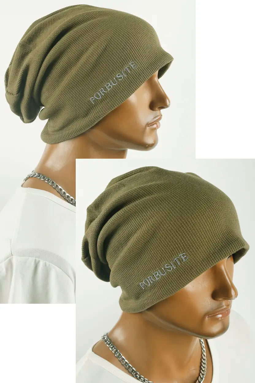 Army green baggy beanie cap for street style, relaxed slouch fit suitable for daily wear