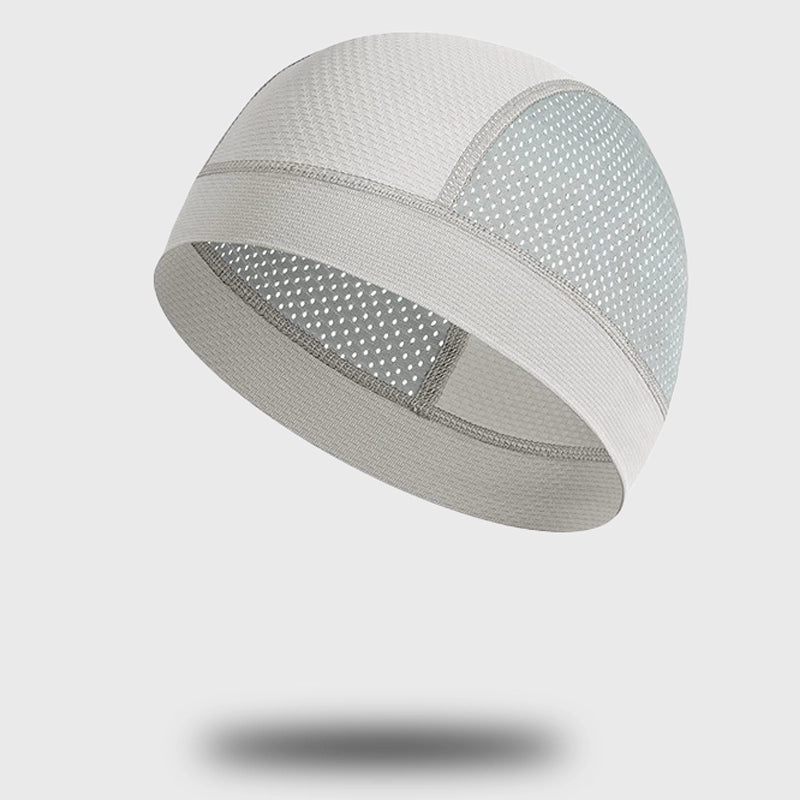 Grey athletic beanie for running, made with lightweight and sweat-wicking mesh material for comfort.