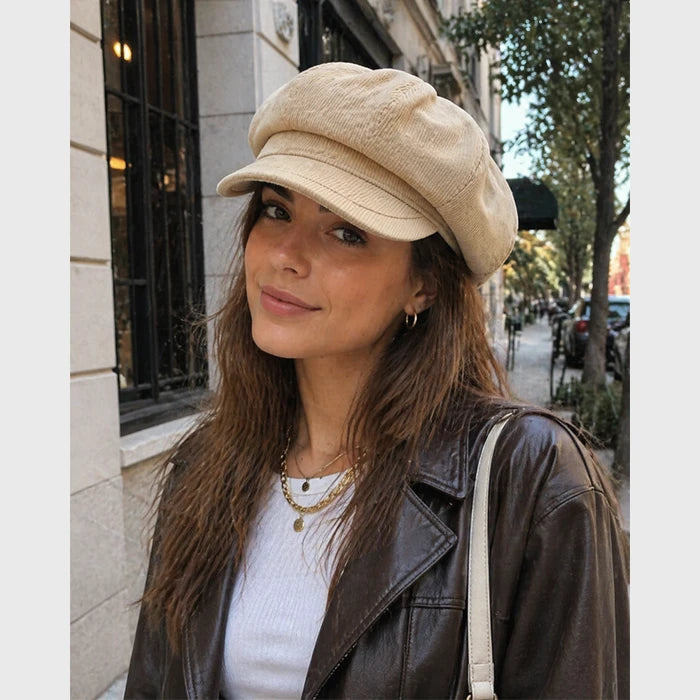 Beige corduroy Newsboy cap for women, offering a vintage street style with a soft, comfortable fit. Perfect for adding a retro touch to your casual outfits.