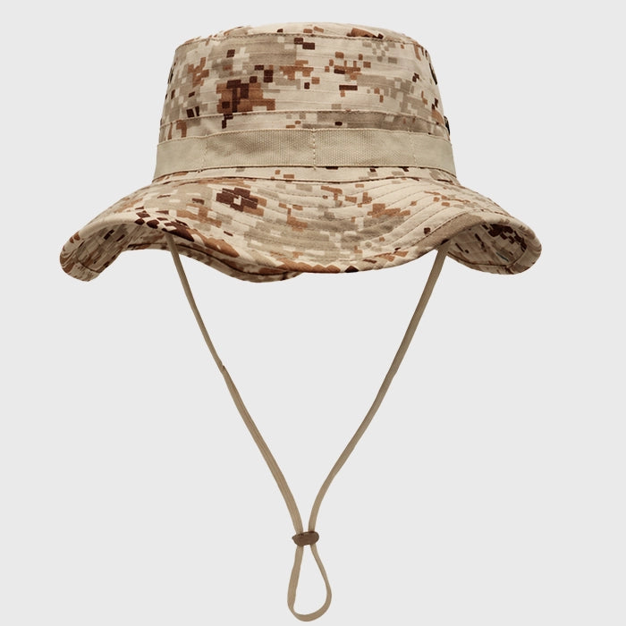 Beige digital camouflage boonie hat made of durable cotton ripstop fabric, ideal for outdoor activities like fishing, hunting, and camping. Unisex design with adjustable chin strap