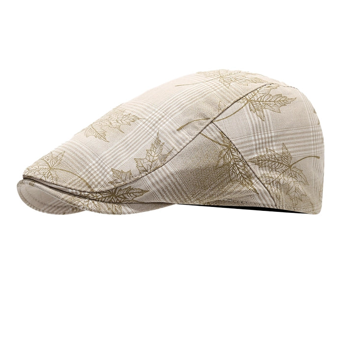 Beige plaid flat cap with ivy design and adjustable fit, featuring a textured checkered pattern. A vintage-style cap perfect for casual wear.