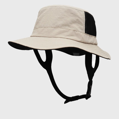 Beige surf bucket hat with UPF 50+ UV protection, perfect for men and women. Ideal for water sports like surfing, fishing, and hiking. Adjustable fit for outdoor adventures.