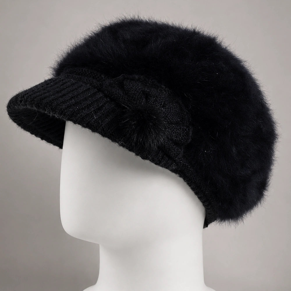 Black women’s knit visor beanie with angora-blend crown and short brim
