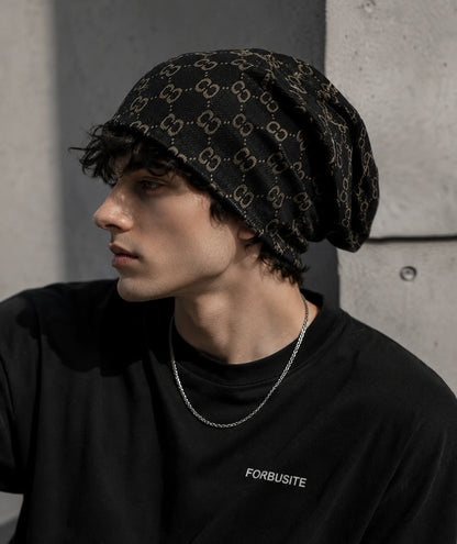 Black baggy beanie hat for men featuring vintage-inspired double C jacquard knit, oversized slouch fit, urban streetwear look.