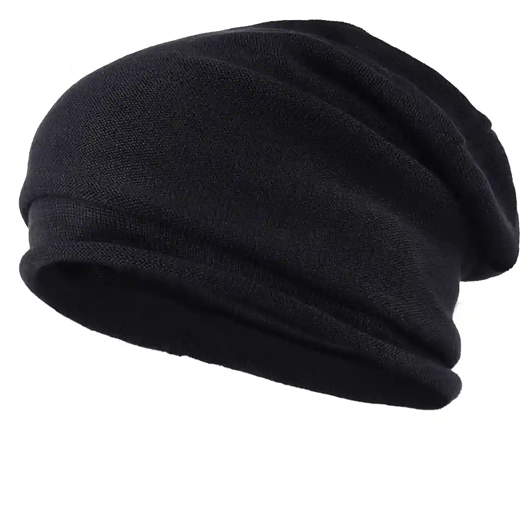 black beanie hat for men and women, soft and stretchy knit fabric, suitable for all seasons, perfect for casual wear in spring, fall, and winter.