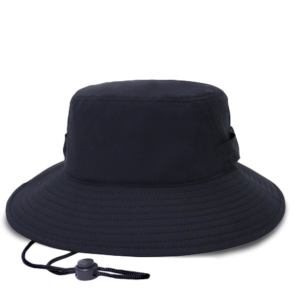Unisex black bucket hat with adjustable strap, perfect for fishing, hiking, and other outdoor activities.