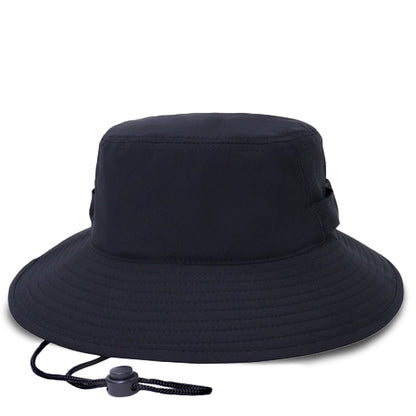 Unisex black bucket hat with adjustable strap, perfect for fishing, hiking, and other outdoor activities.