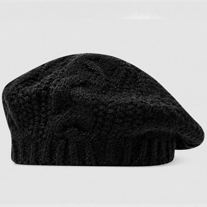 Stylish black cable knit beret, offering warmth and fashion for the winter season. Adjustable fit with crochet details, perfect for casual and formal looks.