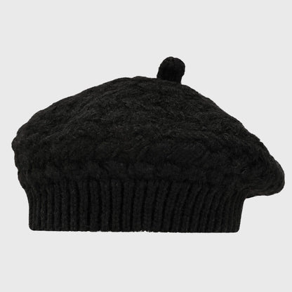 Black crochet cable knit beret for women, perfect for cozy winter days. Adjustable fit and warm design, ideal for casual and chic outfits.