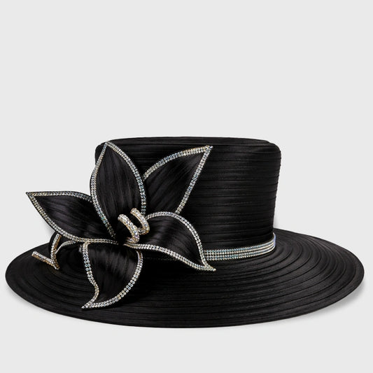 Sophisticated black church hat with a beautiful flower accent, ideal for formal church services and special occasions.