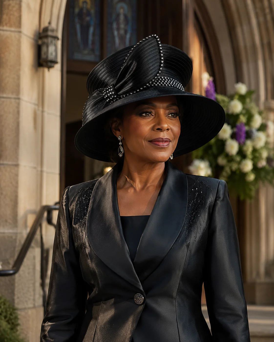Elegant woman wearing black church hat with rhinestone accents outside church, luxury formal hat for Sunday service, weddings and church events