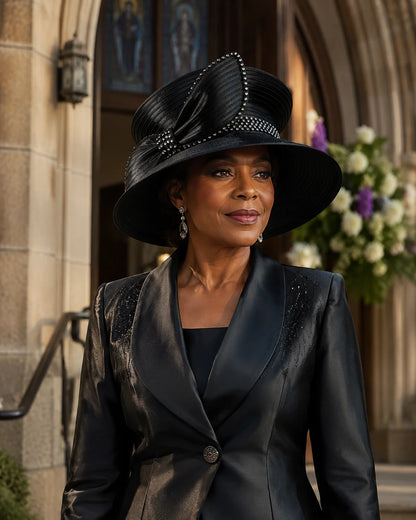 Elegant woman wearing black church hat with rhinestone accents outside church, luxury formal hat for Sunday service, weddings and church events