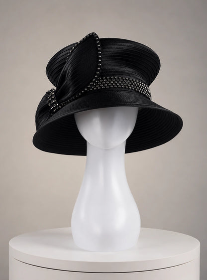 Front view black wide brim church hat with sparkling rhinestone trim and satin texture, classic formal women’s church hat design
