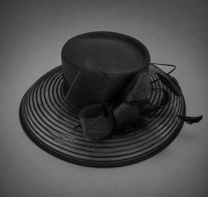 Black church hat product detail with sheer mesh brim feather bow and structured crown