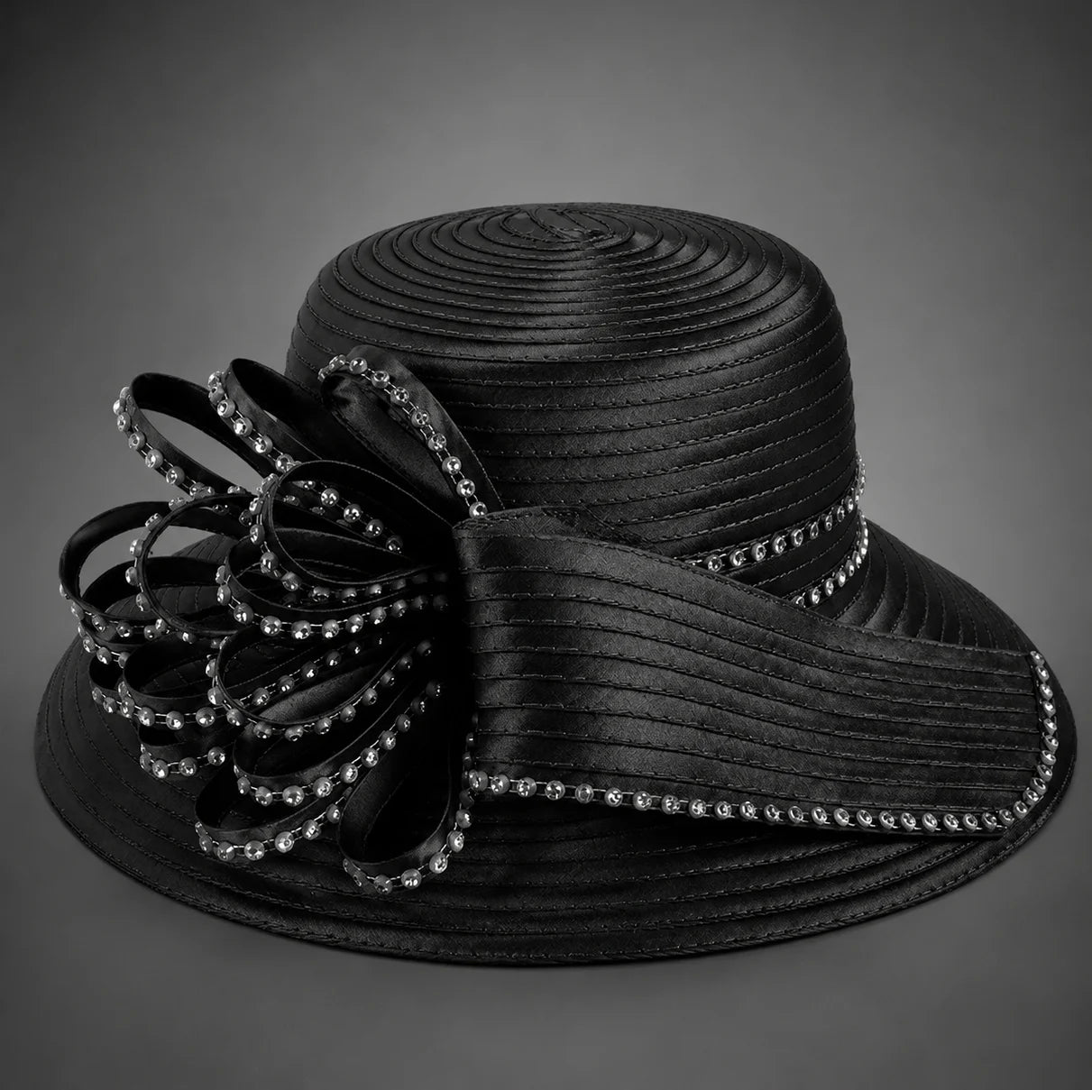 Black church hat with rhinestone bow for formal church service and funeral outfit