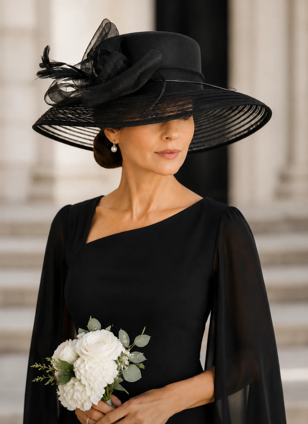 Black church hat with slub fabric crown and sheer mesh brim worn by woman for Sunday service