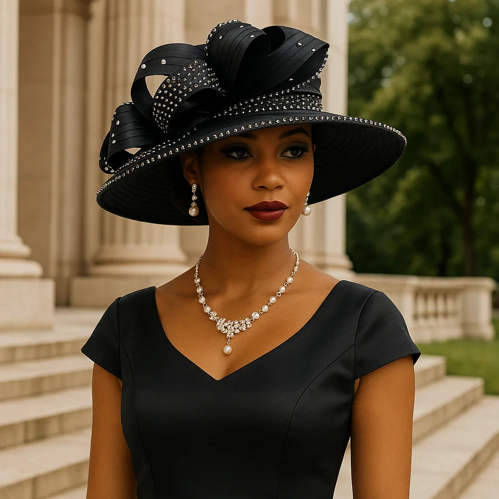 Luxurious champagne formal hat for women at weddings or Sunday church.