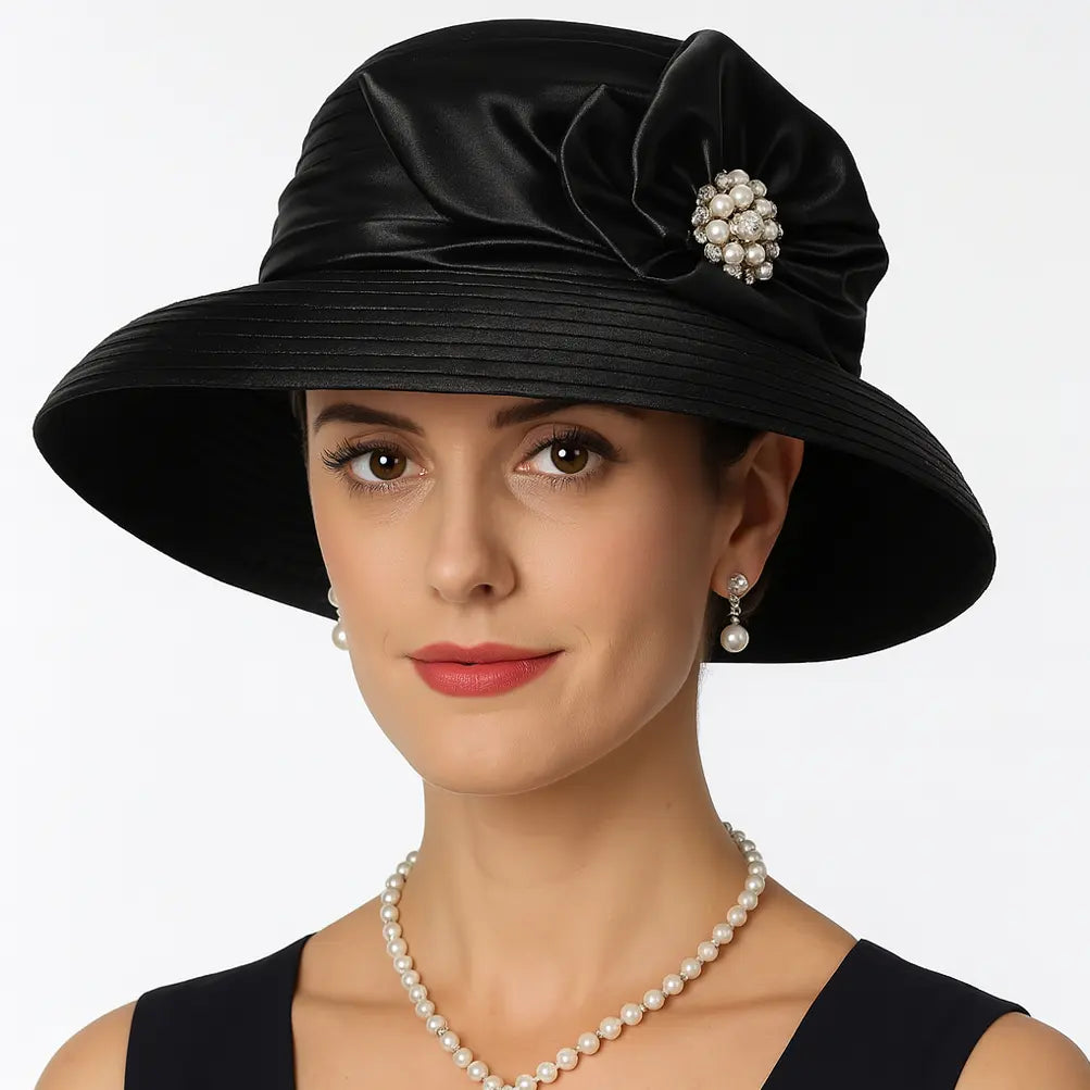 Elegant black satin wide brim church hat with flower accent – FORBUSITE