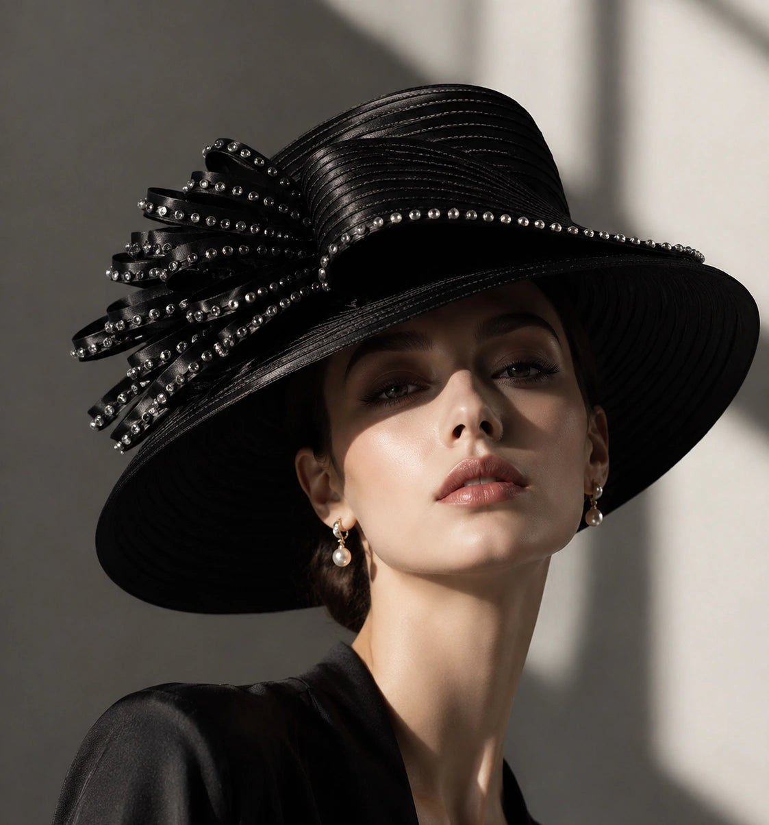 Black wide brim church hat with rhinestone bow worn by woman for luxury Sunday look