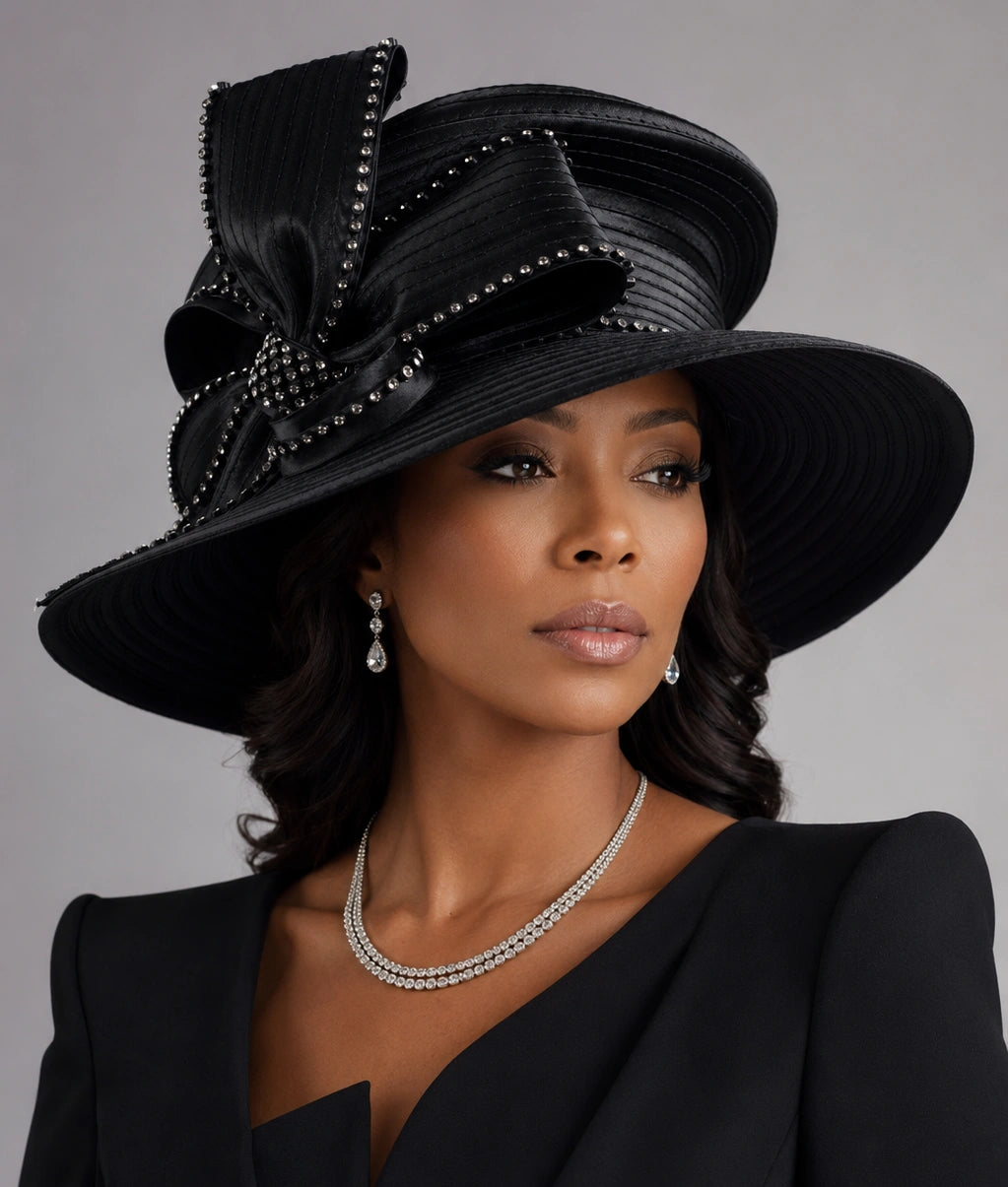 Black church hat with wide brim and rhinestone bow for elegant Sunday service outfit