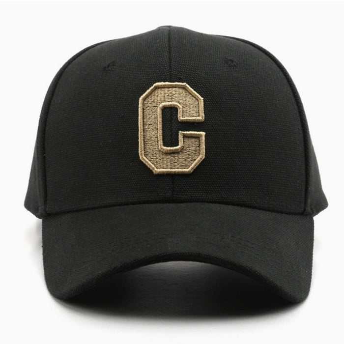 Stylish black cotton baseball cap with embroidered 'C' logo, perfect for casual wear and everyday comfort.