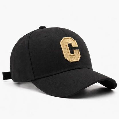 Durable black cotton baseball cap with an embroidered 'C' logo, designed for comfort and everyday style