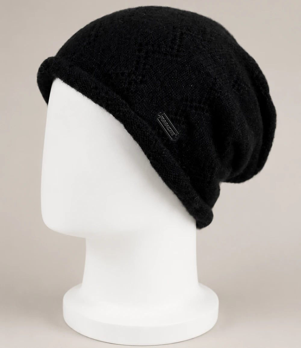 Black fleece-lined slouchy beanie shown from the side