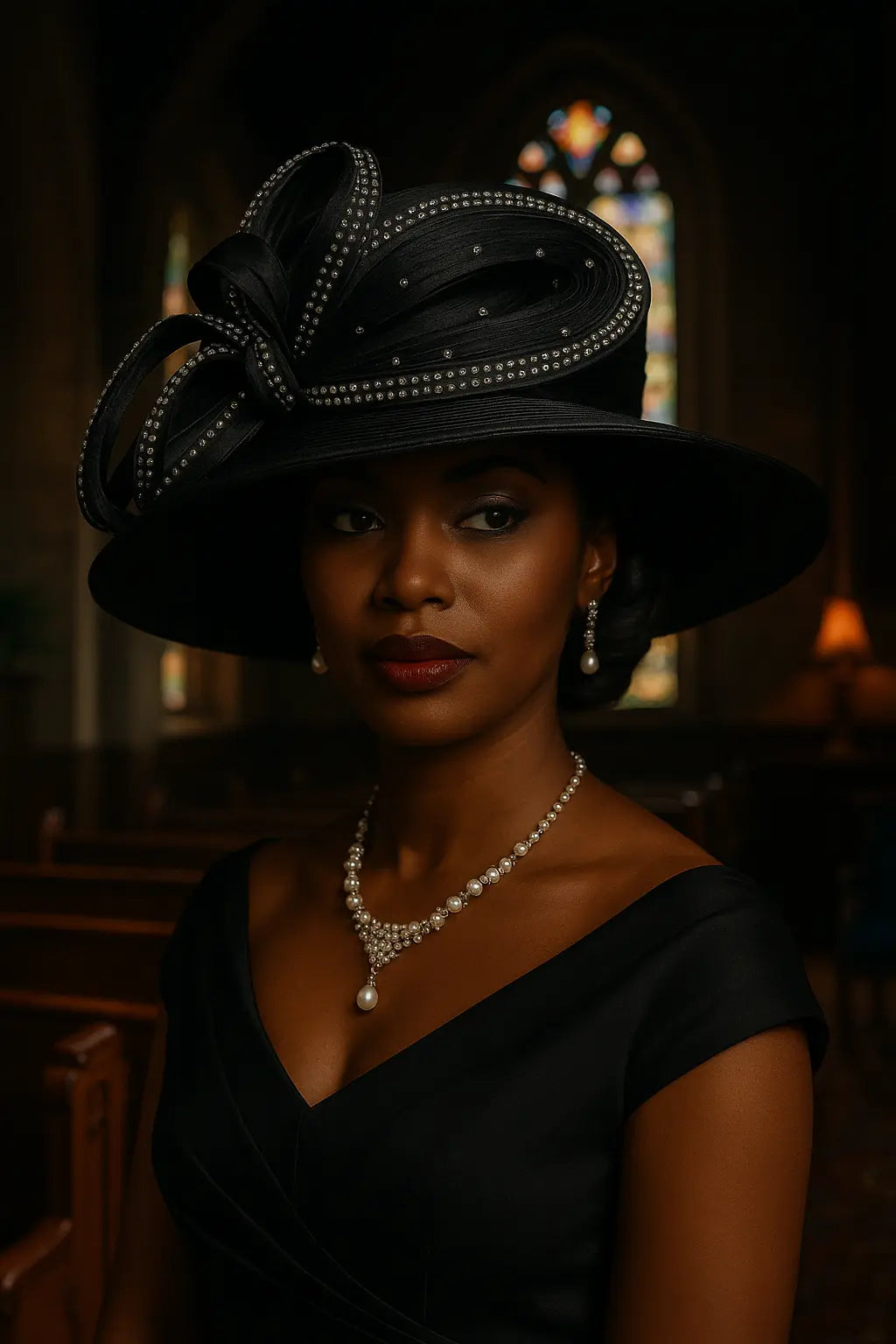 Stylish woman wearing a black rhinestone church hat at a wedding or Sunday service, styled with pearls.