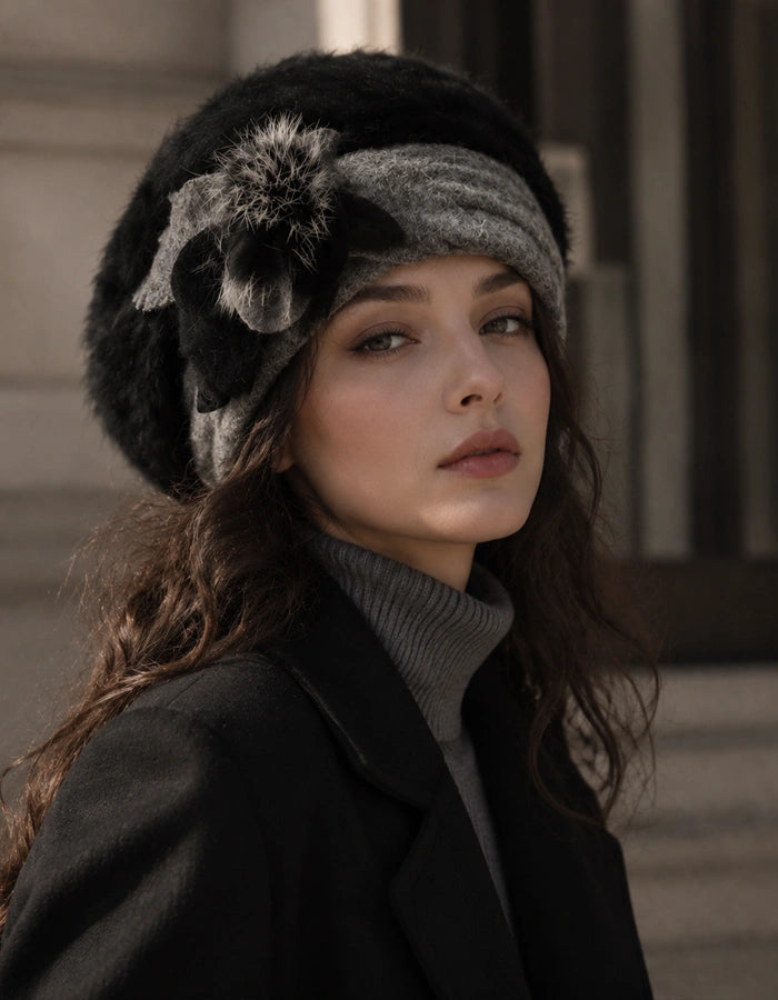 Black and grey angora wool beret with floral detail for city winter outfit